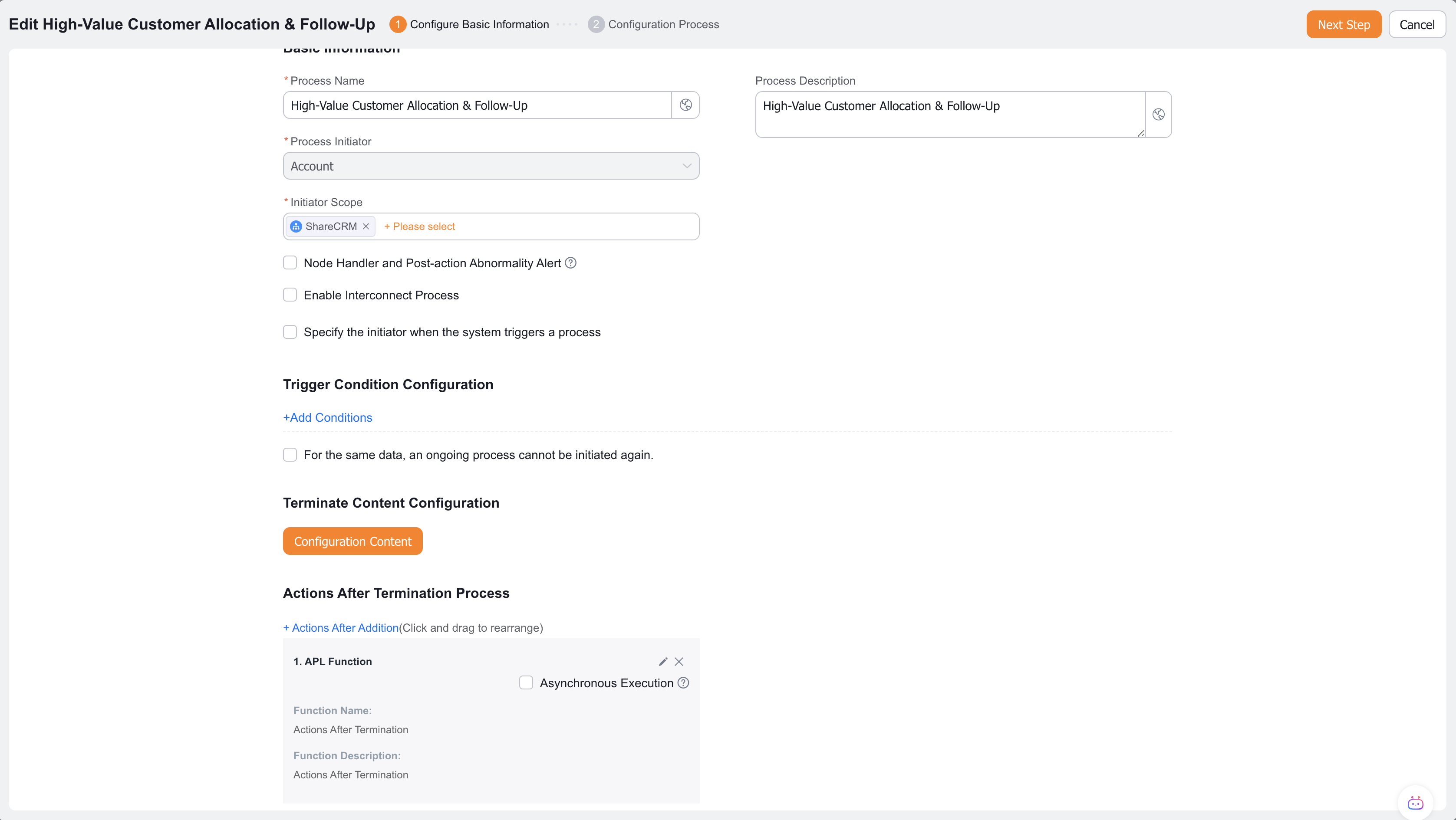 Business flow post-termination action function