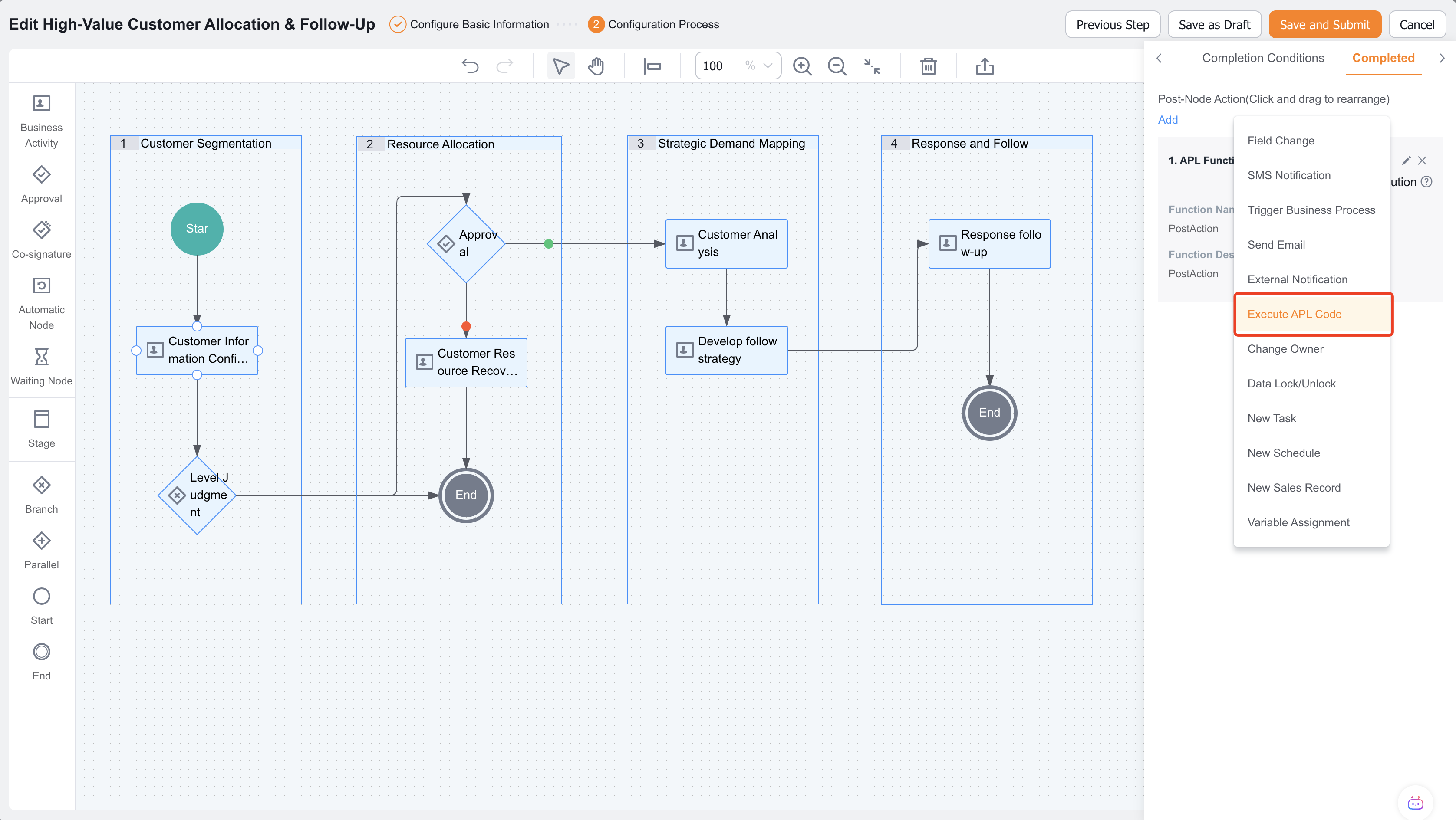 Business flow post-completion action addition