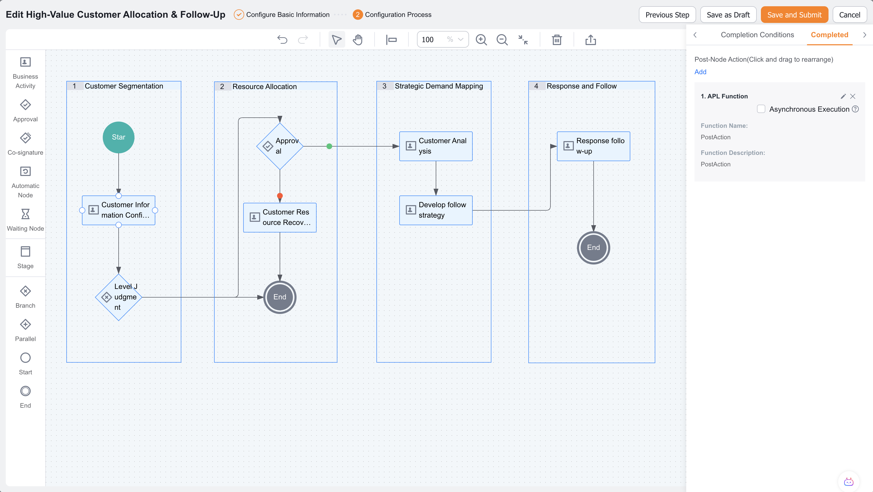 Business flow post-completion action display